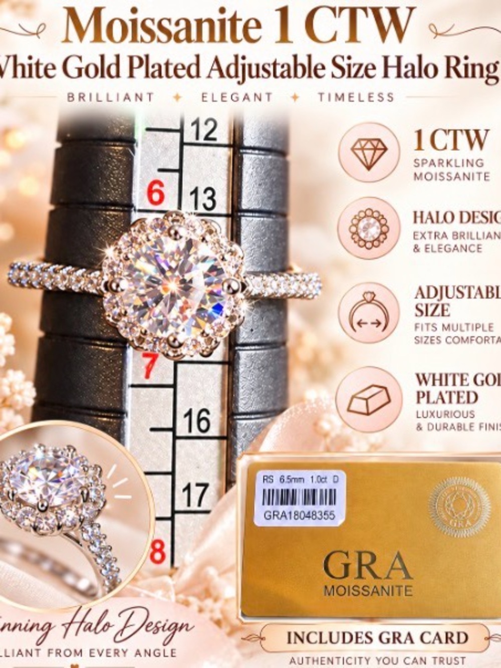 Moissanite Halo Ring in White Gold Plating - Sparkling Clear